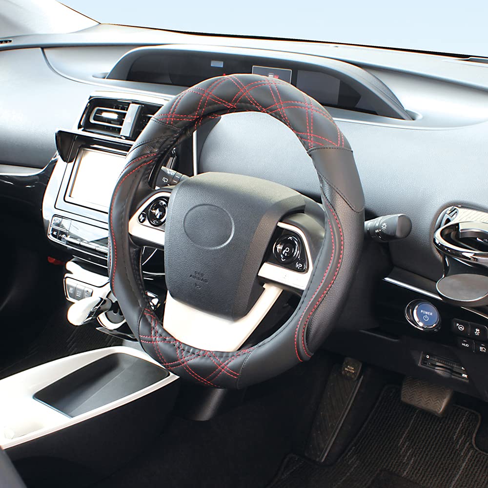 Tsuchiya Yac Car Interior Kapotto Steering Wheel Hybrid Quilted Fits Steering Wheel Diameter Size Accessories, Cover, Line, Black/Red, 36.5-37.9cm,