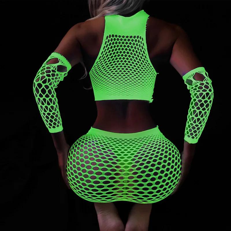 FASHION Plus Size Erotic Curvy Bodysuit Costumes Sex Mesh Babydoll Dress New Luminous Crotchless Bodystocking For Transparent Lingerie