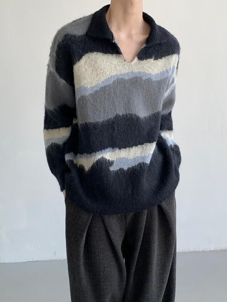 Unisex Retro Color Block Polo Collar Knit Sweater for Autumn/Winter