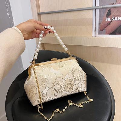 Chinese Style Pearl Chain Handbag Cheongsam Bag Embroidered Jacquard Small Bag Elegant Senior Lady Shoulder Messenger Bag