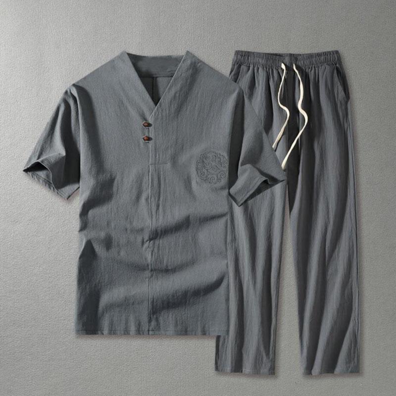 Ανδρικά Ρούχα Μεγάλο Μέγεθος Σπίτι Σύζυγος Καλοκαιρινό Κοστούμι Λινό T-shirt Μοντέρνο Ανδρικό Σετ Κινεζικό Στυλ 8XL 9XL συν Δύο Τεμάχια