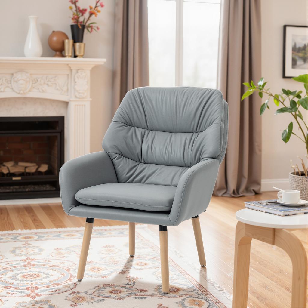 Living Room Armchair, Double Padded, Faux Leather, Wooden Legs, 68 X 74 X 89 Cm, Grey
