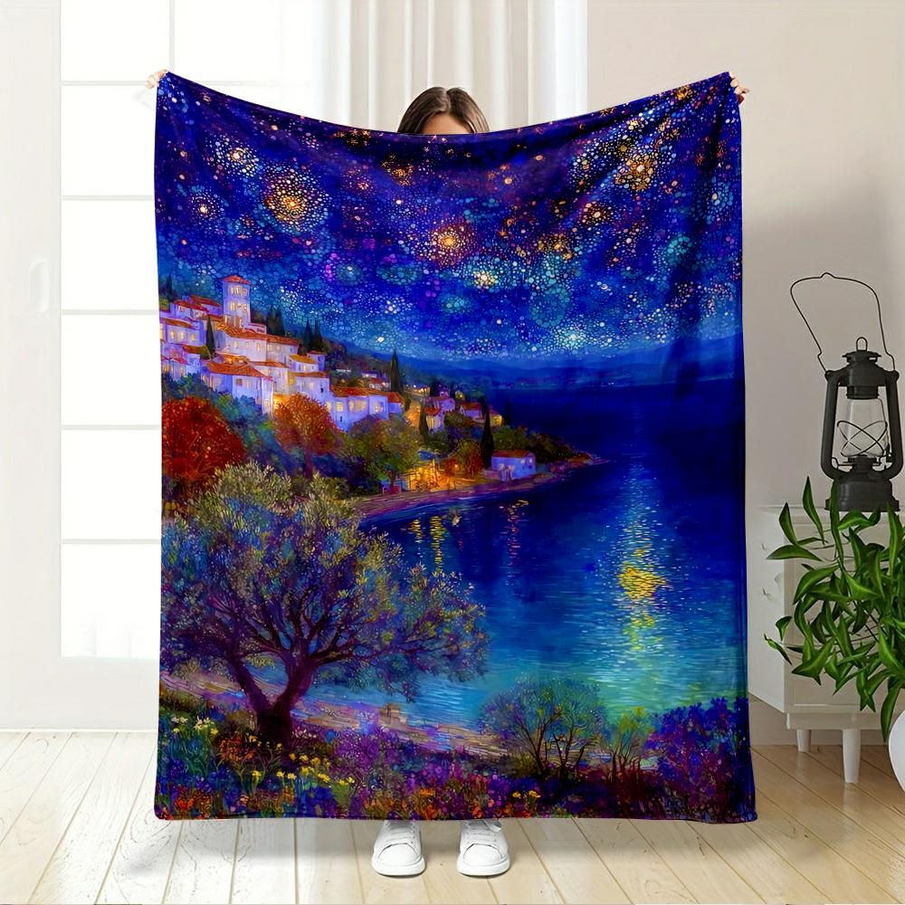Starry Night Coastal Landscape Design Flannel Blanket for Bedroom, Living Room, Sofa, and Nap Sofas