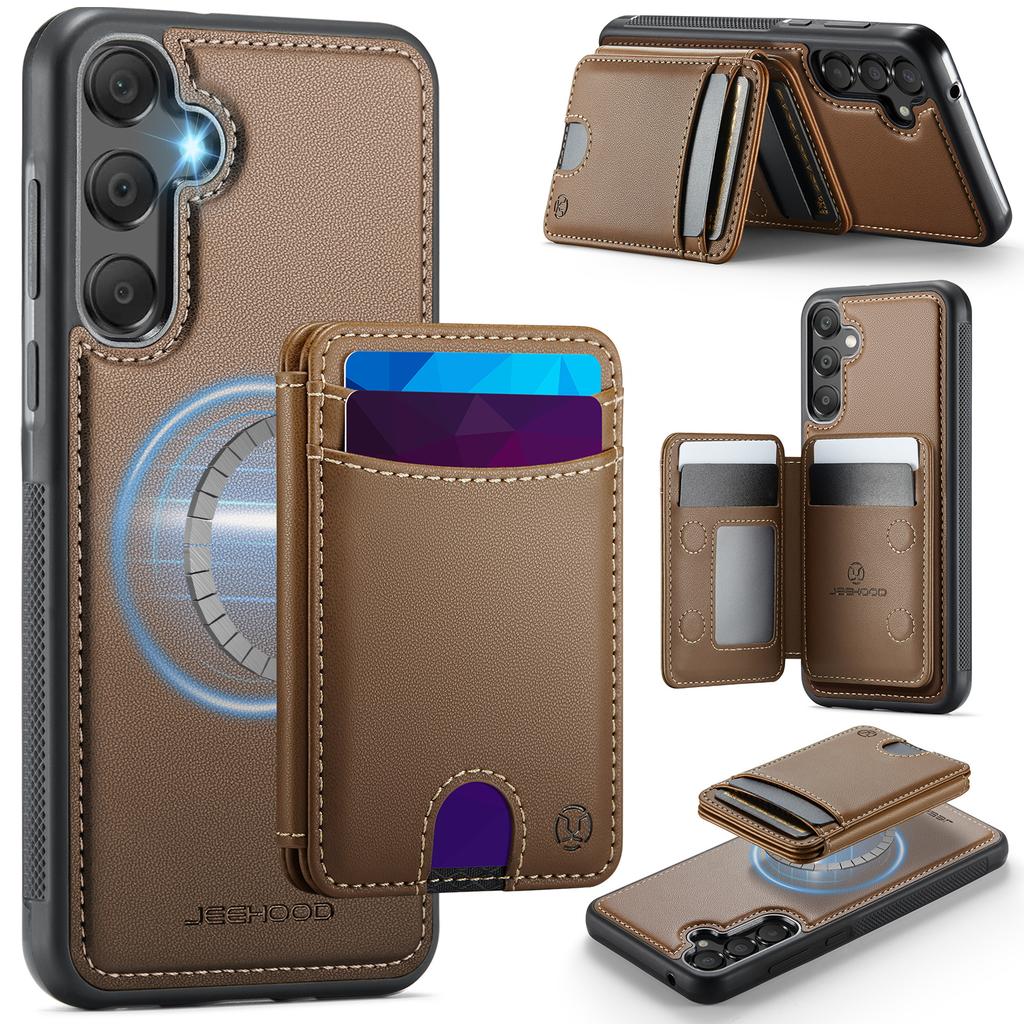 For Samsung Galaxy A55 5G Magnetic Case JEEHOOD J10 Leather Back Phone Cover with Detachable Card Holder Kickstand