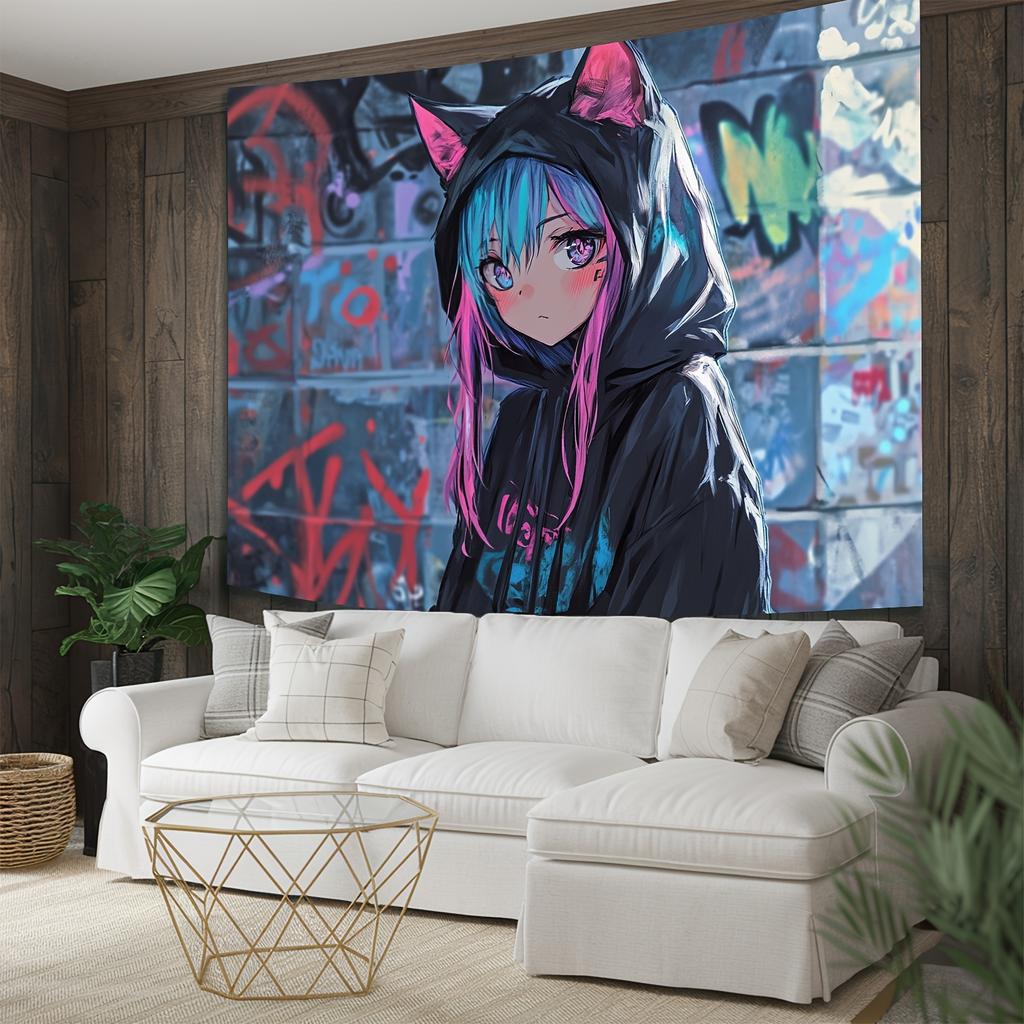 Cute Anime Girl Cat Ear Hoodie Tapestry  Urban Graffiti Style Suitable for Bedroom and Living Room Decoration