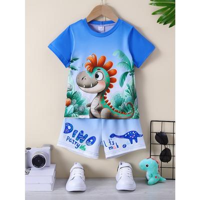 2-teiliges Set für Jungen mit Dinosaurier-Dschungel-Aufdruck, Rundhalsausschnitt, kurzärmeliges T-Shirt und Shorts, lässiges Outfit aus Strickstoff, bequeme Frühlings-/Sommerkleidung