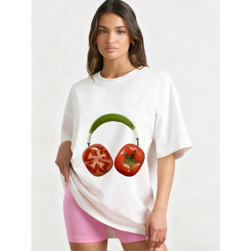 Oversized T Shirt Black Tomato Headphones Print Casual Wear for Women Summer Streetwear Fashion Trendy Graphic Tee