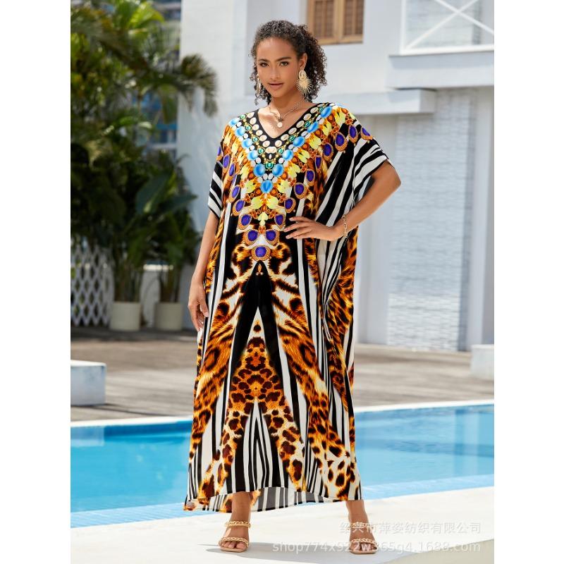 Plus Size Beach Print Dress for Women Bat Sleeve Bikini Suntan Cover Up