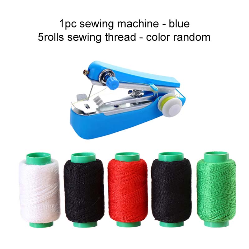 1PC Mini Sewing Machine with 5Roll Sewing Thread Household Portable Outdoor Travel Clothes Fabrics DIY Stitchin Sew Tools TMZ
