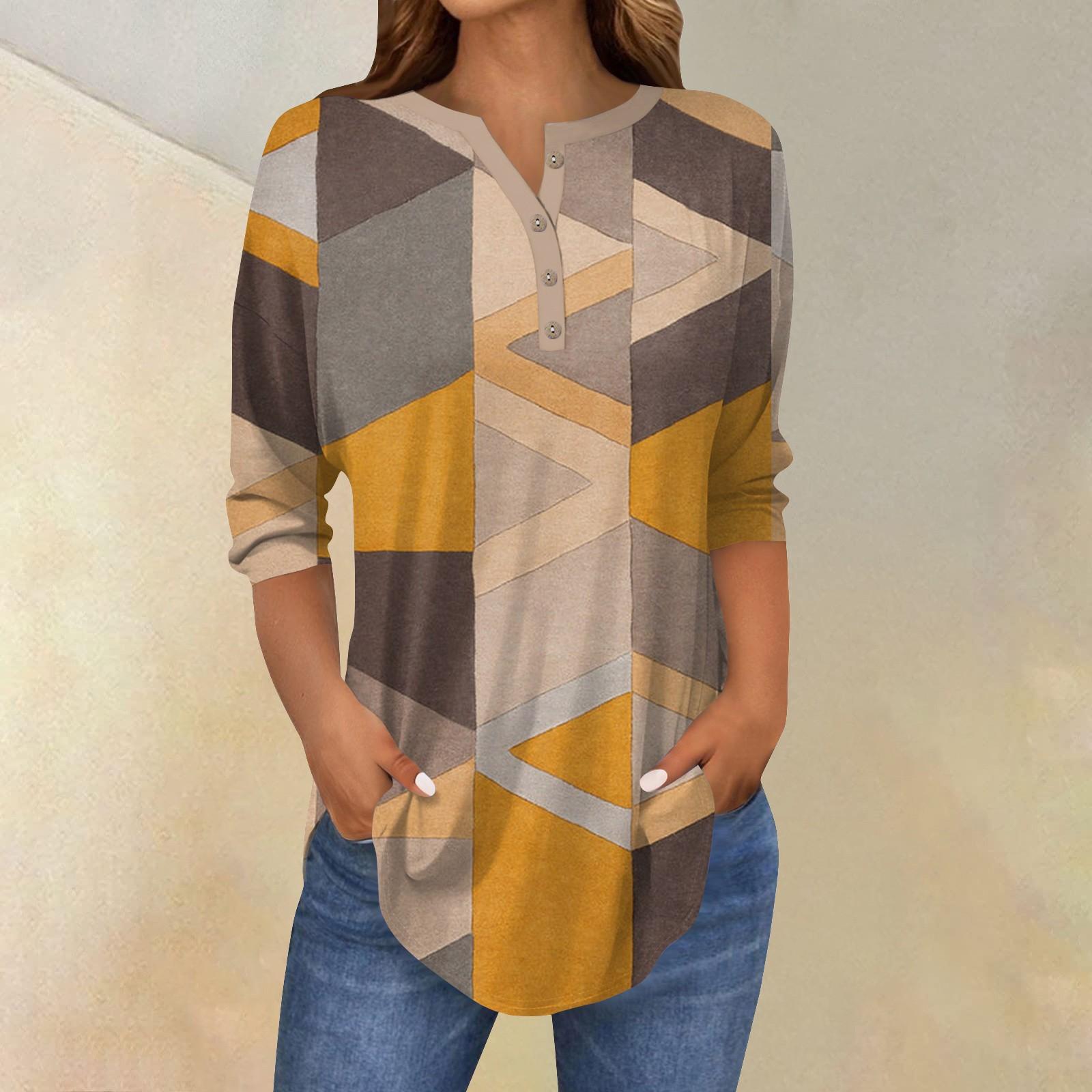 

Жіночі топи з рукавом 3/4 Літні футболки з квітковим принтом V-подібним вирізом Повсякденні базові футболки на ґудзиках Топ-туніки XXXL помаранчевий