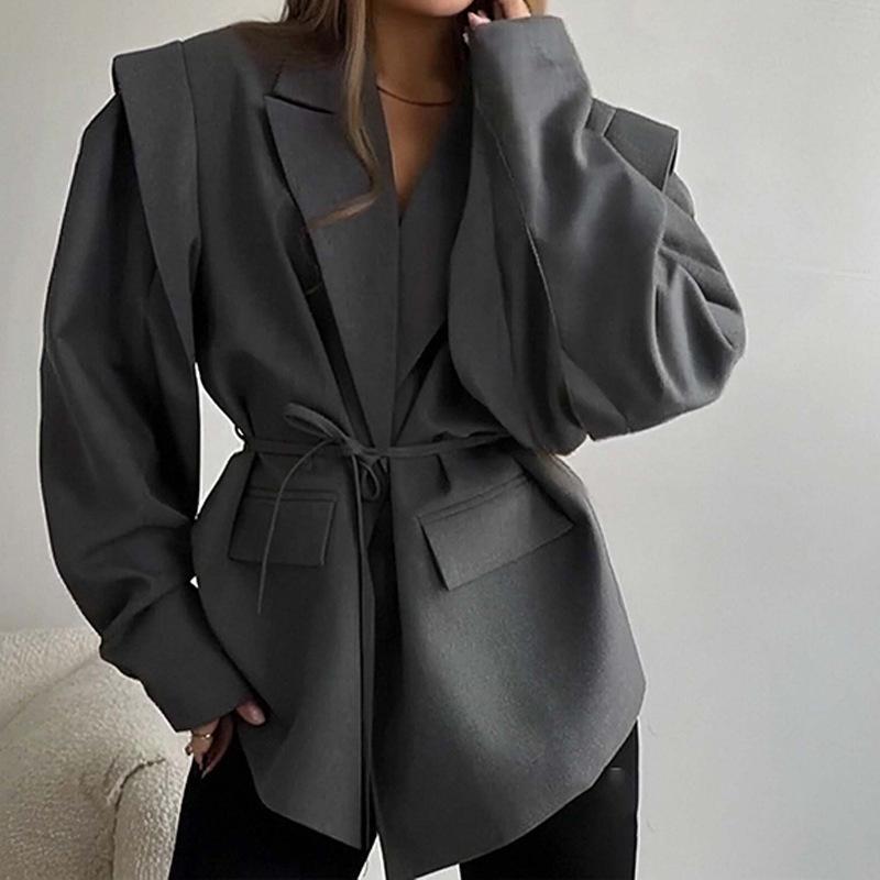 2025 Autumn/Winter European and American Women's Waist-Cinching Lace-Up Loose V-Neck Jacket