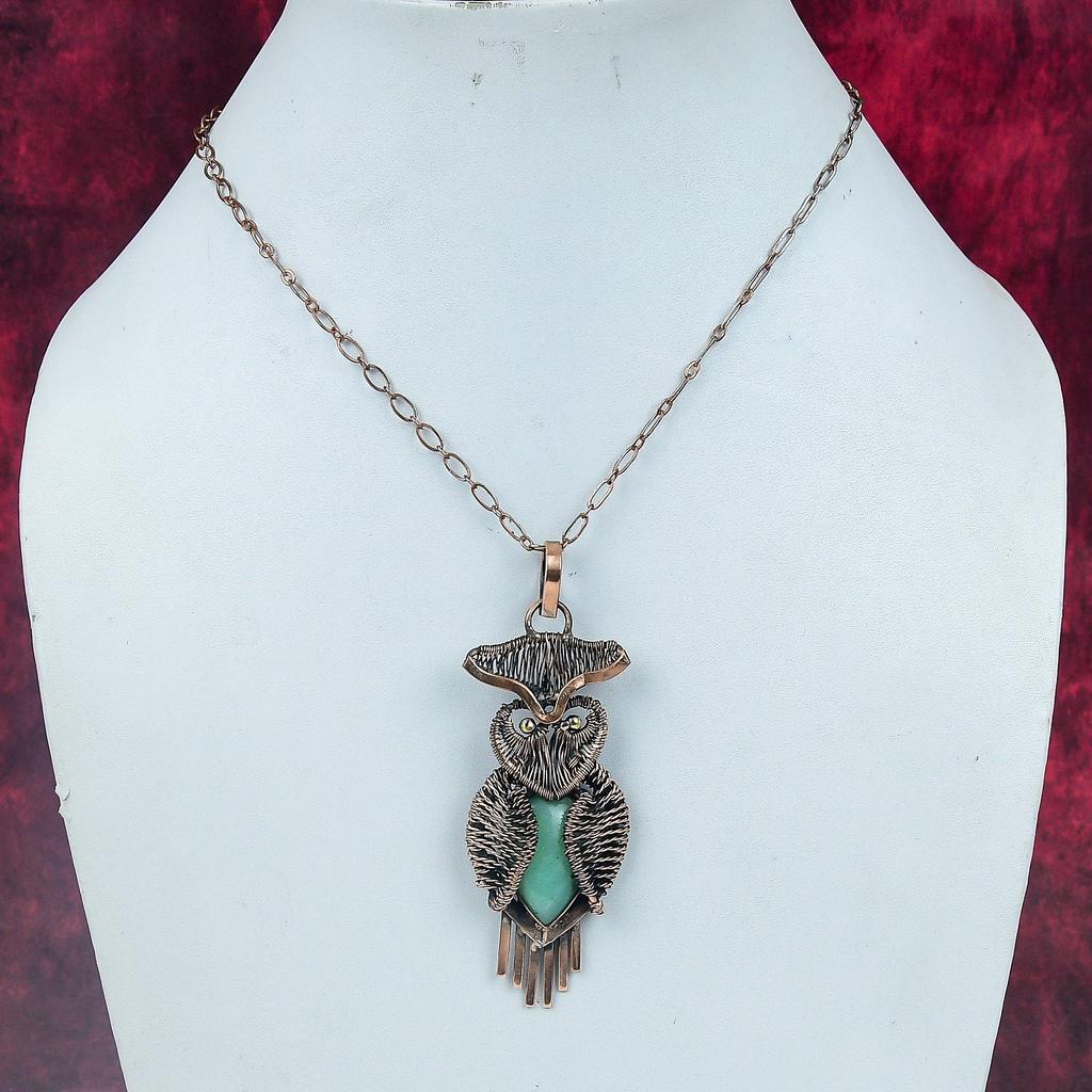 Chrysoprase Pendant Owl Gemstone Pendant Copper Wire Wrapped Handmade Jewelry