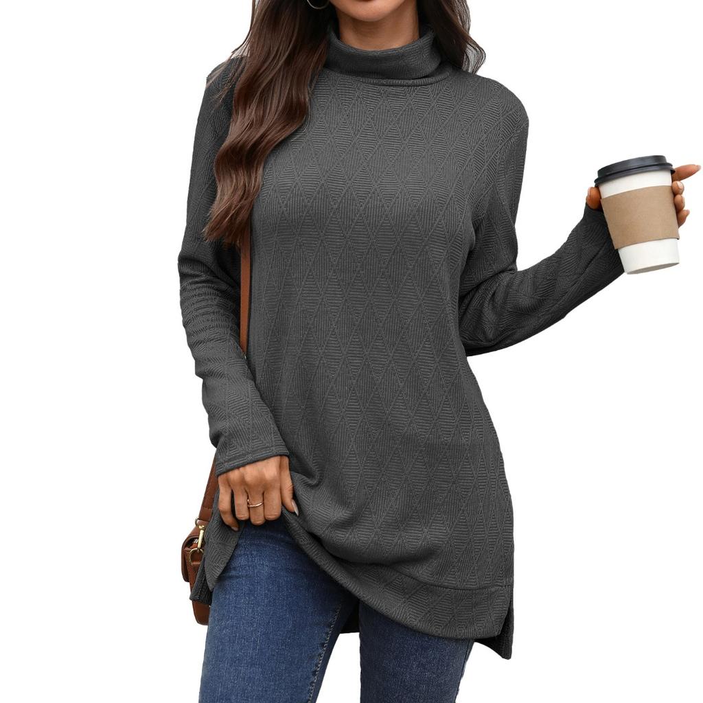 Women's Solid High Neck Loose Long Sleeve Slit T-shirt Top  Fall Winter Casual Fashion For Crossborder Europe America