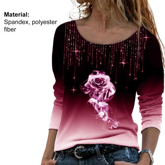 3D Rose Print Gradient Color Women Blouse Long Sleeve Broken Line Rhinestone Autumn Blouse Streetwear