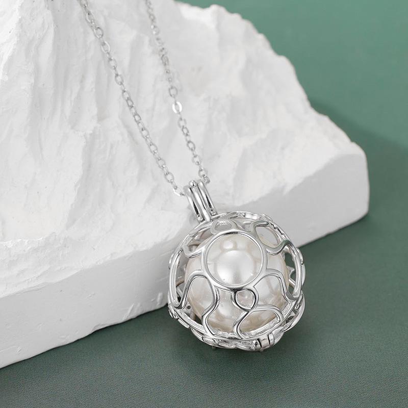 S925 Sterling Silver Round Bead Pendant Necklace with Openable Cage Design for Women