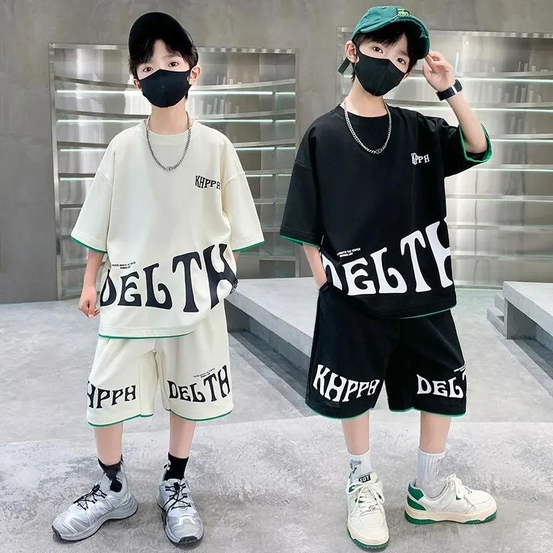 Children Summer Clothing Set for Boys Letter Print Sport Suit Kids Teenager Cotton Outfits Casual Short Sleeve Tracksuit Costume