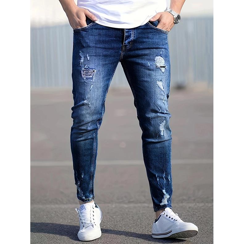New Casual Ripped Jeans Men S Trend Elastic Washed Small Feet Slim-Fit Pants XS