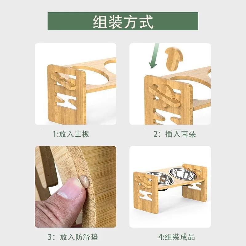 1PC Anti Slip Bamboo Pet Feeder Stand Adjustable Raised Food Bowls with 2 Bowls for Comfort Feeding