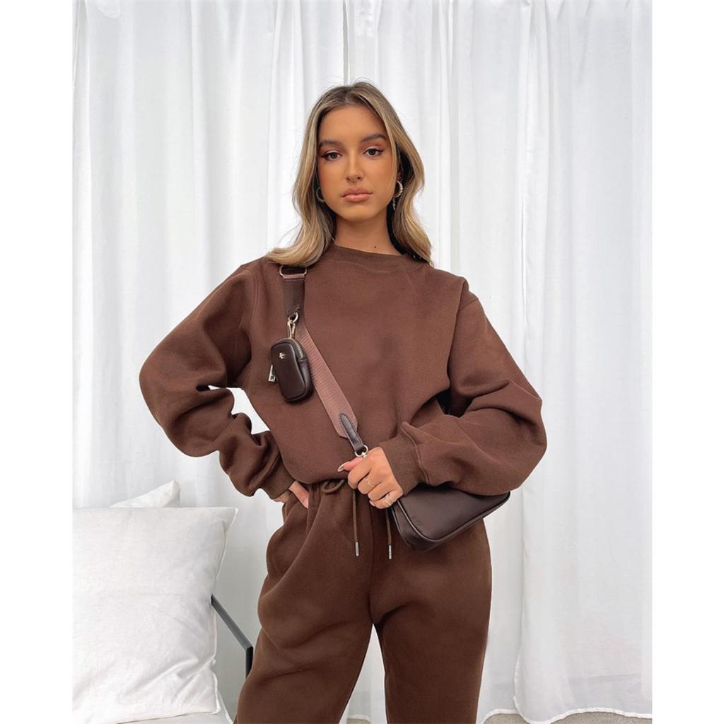 Autumn and Winter Solid Color Round Neck Pullover Long Pants Women's Fashion Casual Long Sleeved Sweatshirt Set