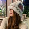 Faux Rabbit Fur Earflap Bucket Hat Fluffy Winter Windproof Hat Warm Fisherman Knitted Hat  Girls