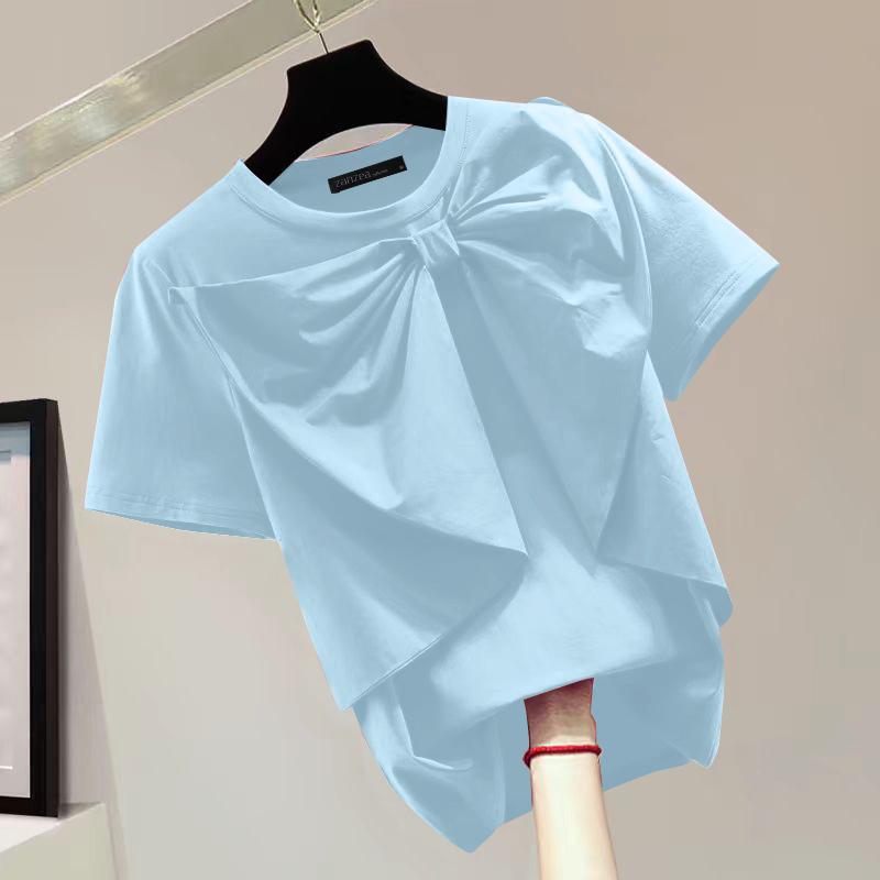 

ZANZEA Женская мода с круглым вырезом и коротким рукавом, однотонная свободная блузка с декоративным узлом S синий