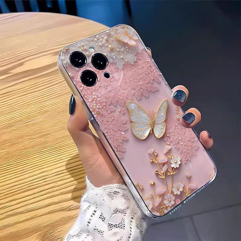 Pink Lace Butterfly Design Clear Phone Case For iPhone 17 16 15 14 Pro Max 13 12 11 XS X XR 7 8 Plus 16e 17 Air Soft TPU Cover