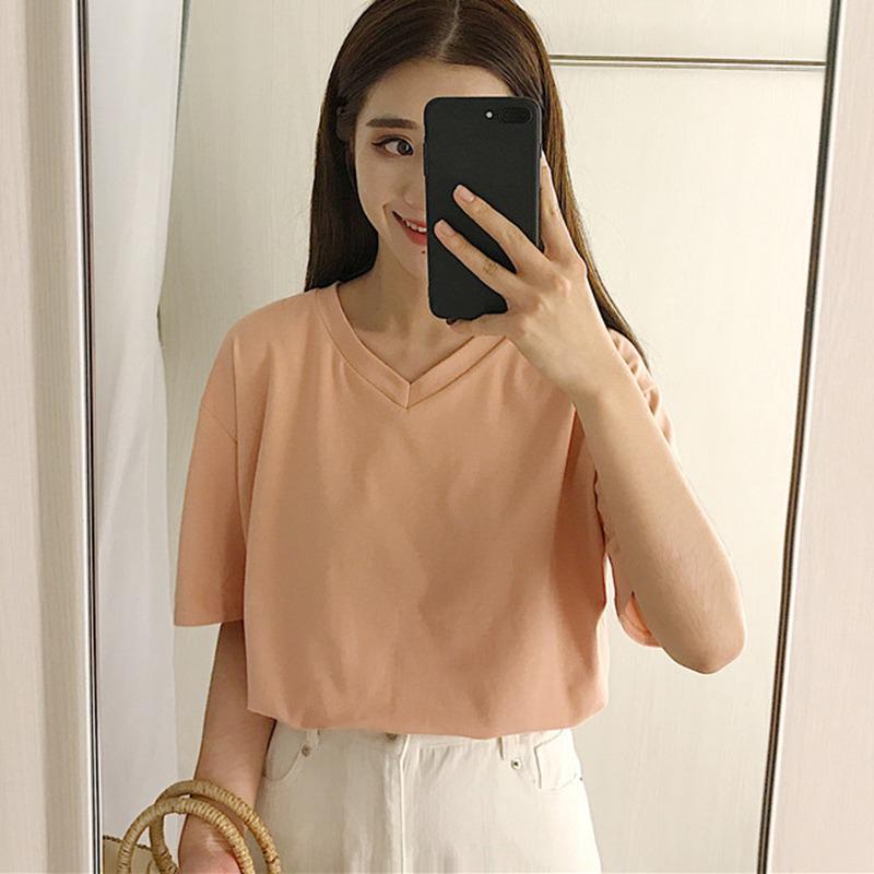 

Женская однотонная свободная футболка с круглым или V-образным вырезом с короткими рукавами V-Neck