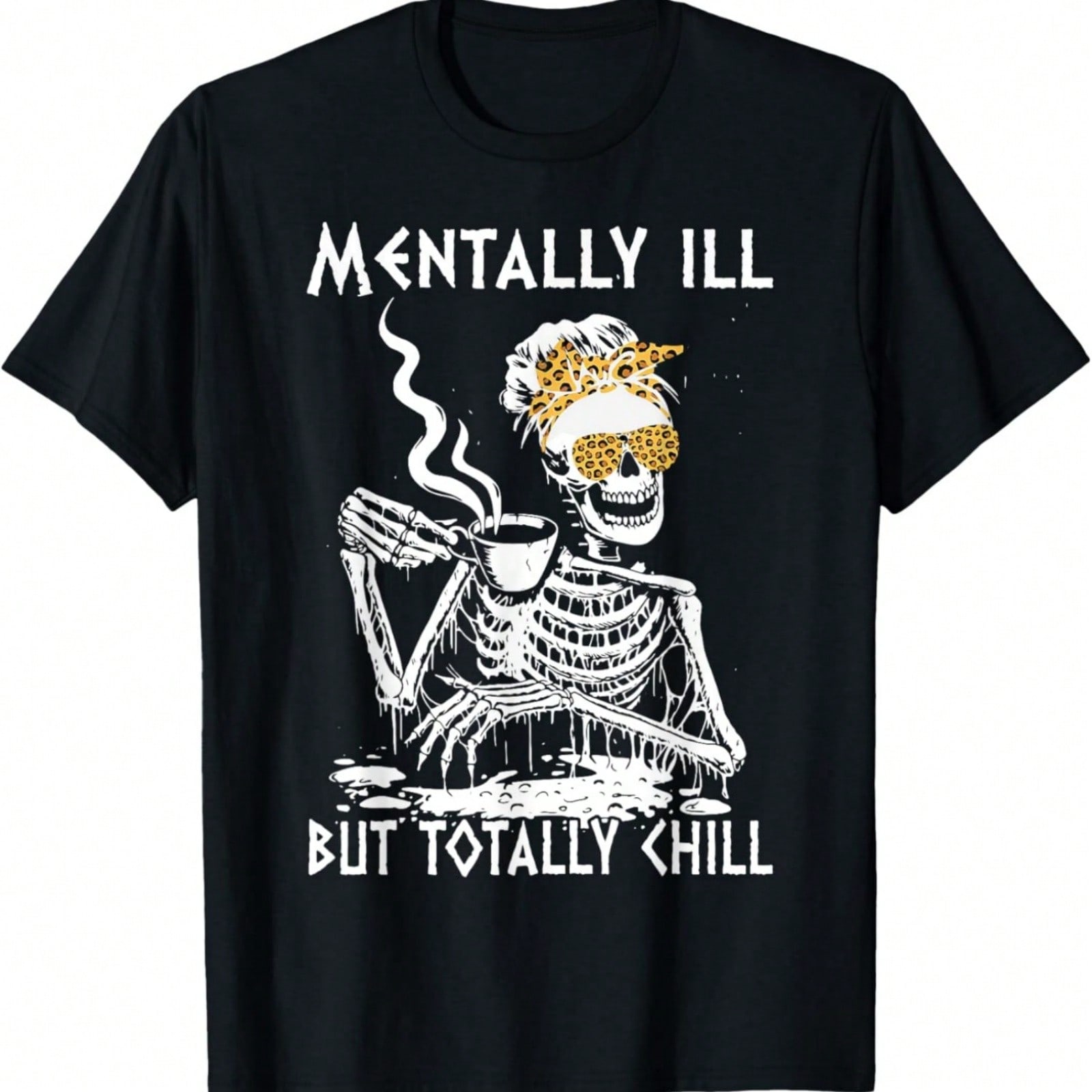 tally Ill But Totally Chill Leopard Messy Bun Skeleton T-Shirt S разноцветный