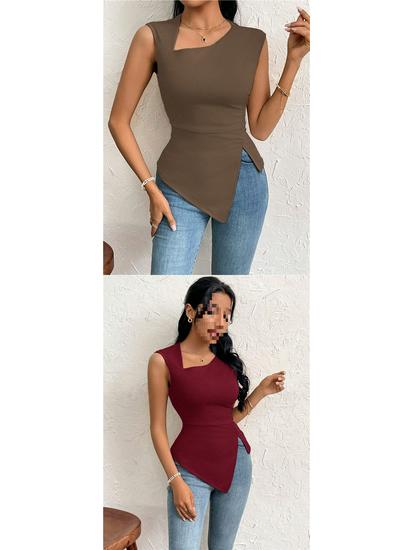 Women's Elegant Asymmetrical Neck Slim Fit T-shirt - Spring/Summer Pure Color Top