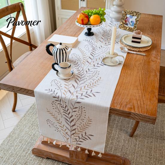 Table Runner Protects from Hot Pans Floral Embroidered Runner, Elegant Dining Cover, White Rustic with Tassels for Home Wedding Bridal Shower