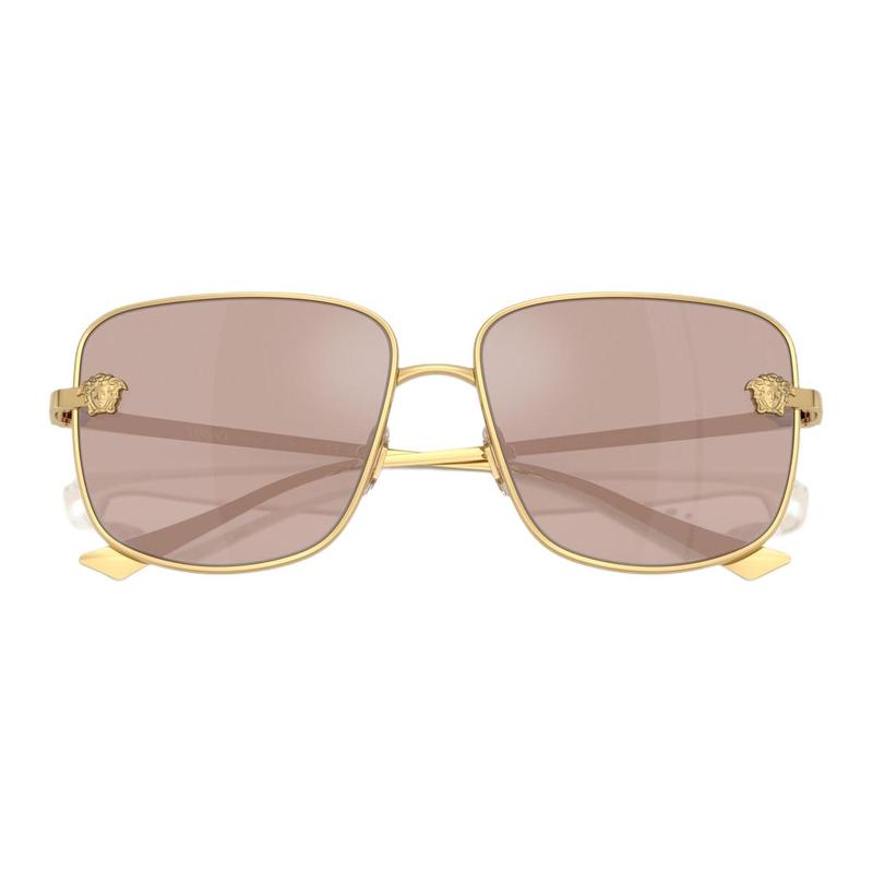 Versace Temple Logo Metal Square Sunglasses Women's Gold 65976351 VE228210025-Gold 59/15/140-h.51