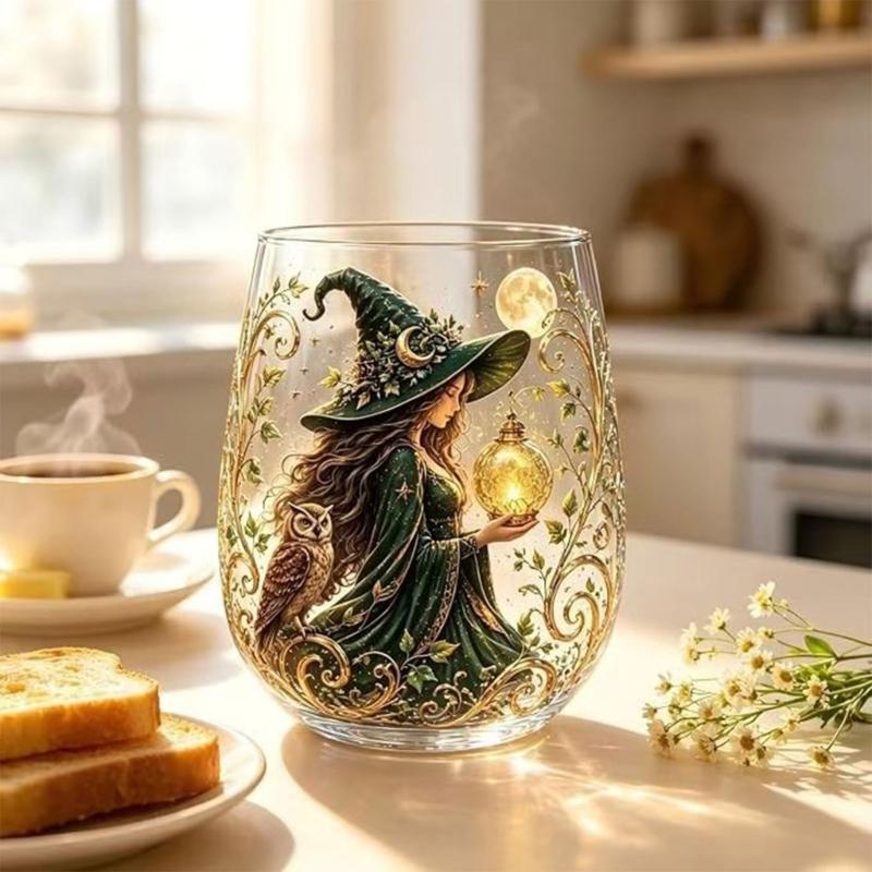 Decorative Witch Glass Cup with a Clear Stemless Form for Herbal Tea, Fruit Tea, Candy, and Seasonal Table Service