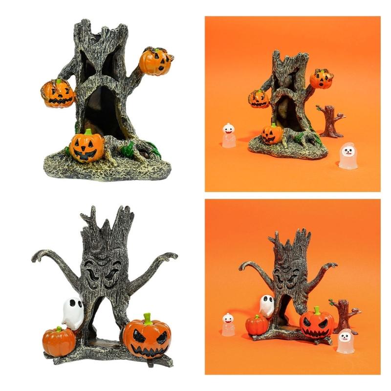 Halloween Resins Sculpture for Fish Tanks Table Displays and Outdoor Garden Decoration Featuring Stump Pumpkin
