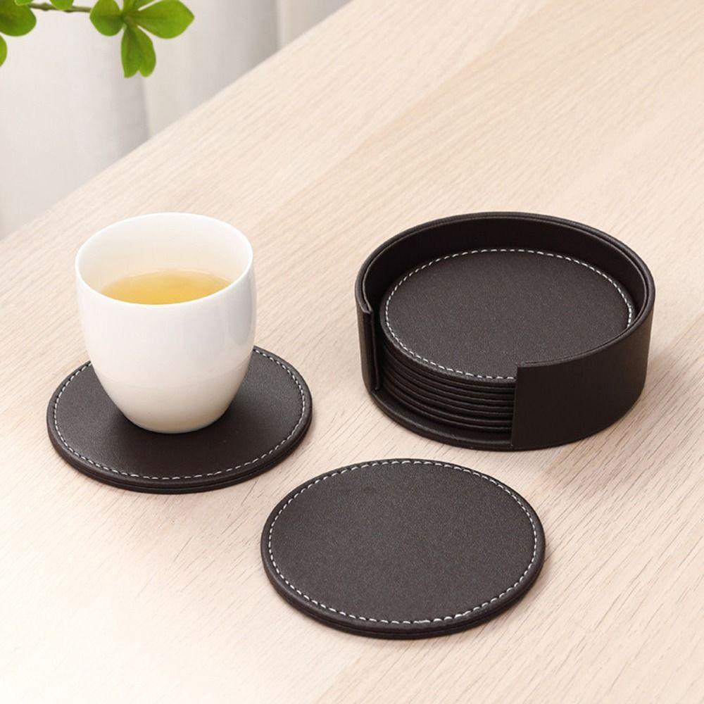 6Pcs Business Leather Coaster Heat-resistant Round/Square Drink Mat Tableware Pads  Kitchen