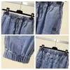 Spring Summer Women's Elastic High Waist Denim Trousers Drawstring Jogger Harem Pants Long Ankle Trousers Blue Loose Cowboy Pants