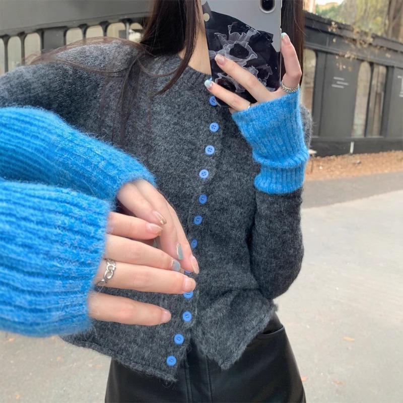 Schickes Kontrastfarben-Design Strickcardigan-Pullover Damen Herbst und Winter Neu Süß Figurbetont und Dünn Langärmlig Nischen-Oberteil