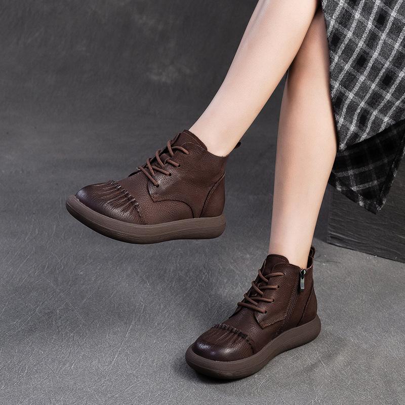 Fashion GKTINOO 2025 Autumn New Retro Genuine Leather Short Boots Round Toe Solid Color Comfortable Sneakers Flat Bottom Women's Shoes