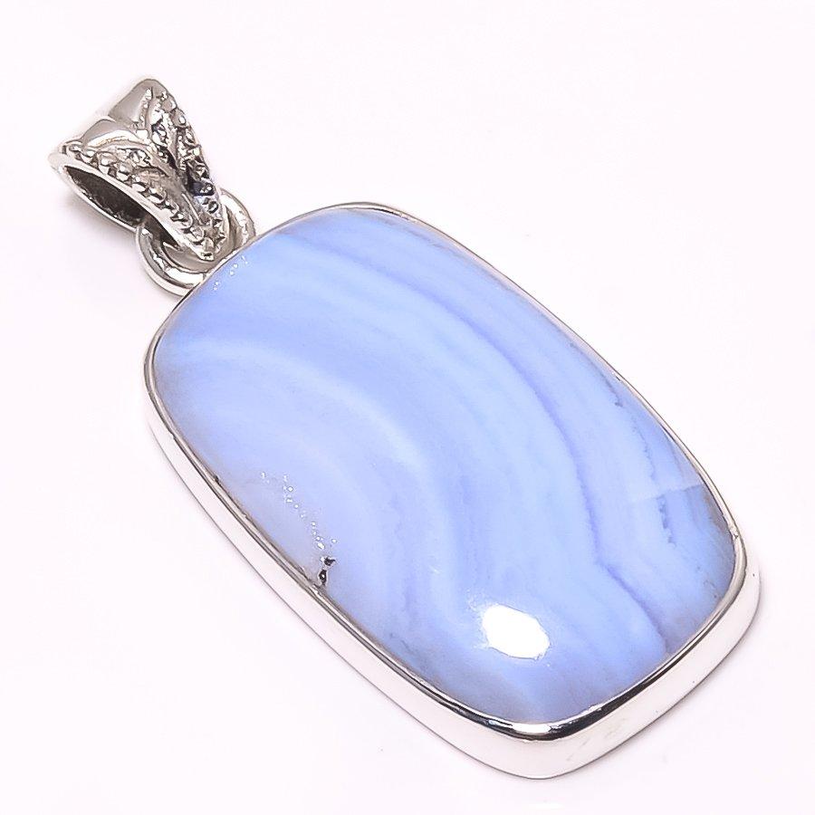 Natural Blue Lace Agate Gemstone 925 Solid Sterling Silver Pendant 1.46" A6P40