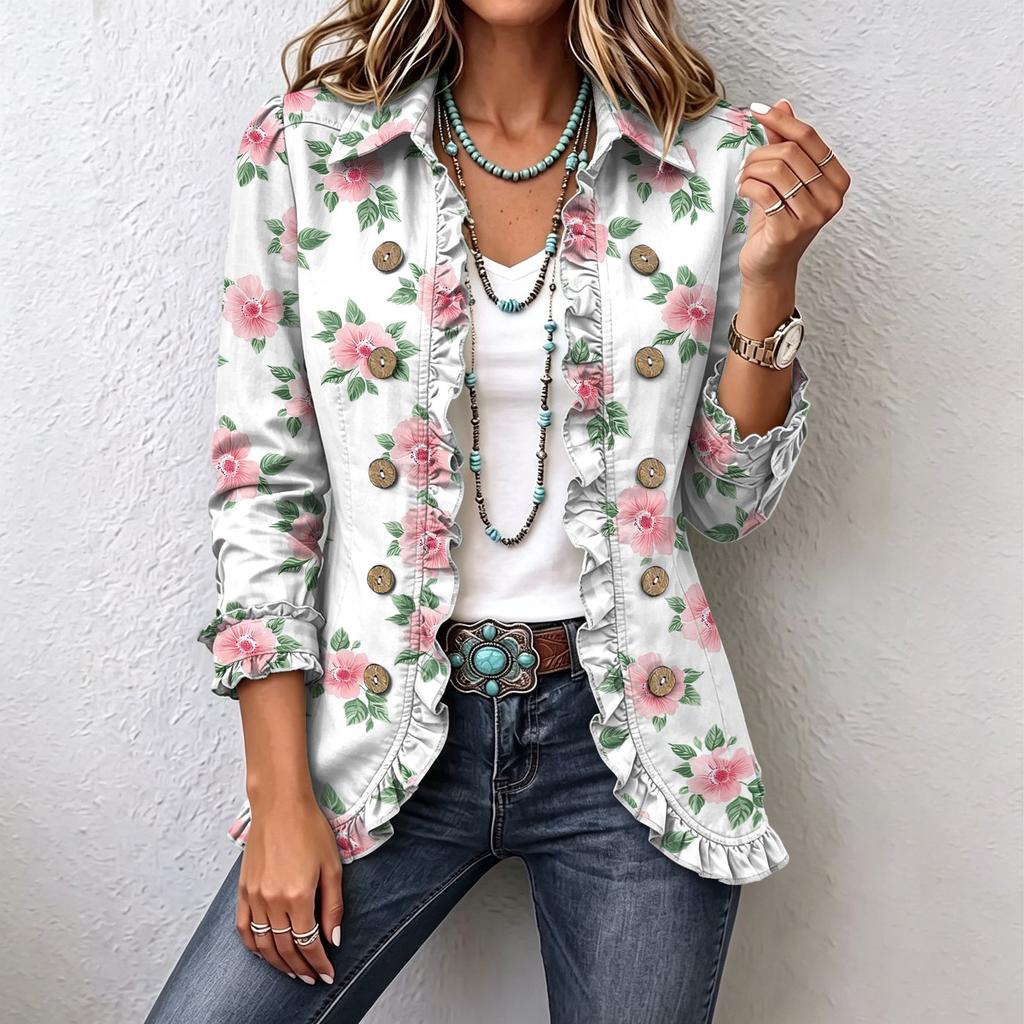 Women's Floral Print Long Sleeve Ruffle Trim Cardigan Top for Casual Everyday Wear