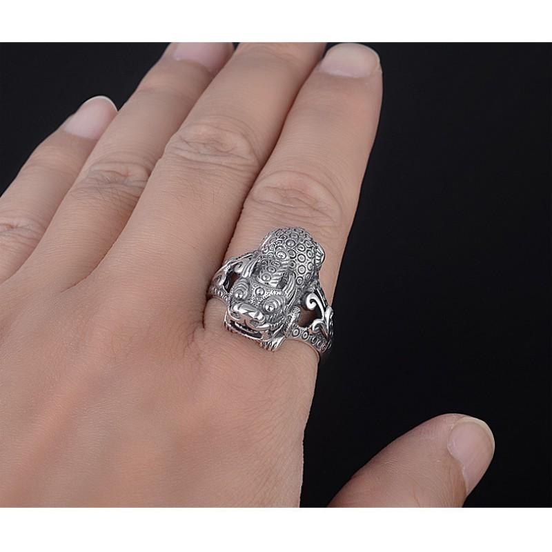 Adjustable Open Ring Men Women Plated Lucky Pixiu Charm Wide Band Statement Retro Ethnic Style