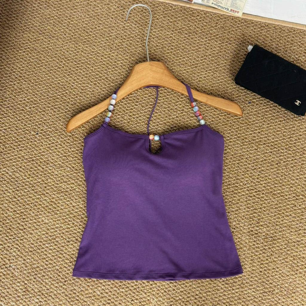 Purple Beaded Halter Tank Top - Women's Sexy Open Back Summer Style