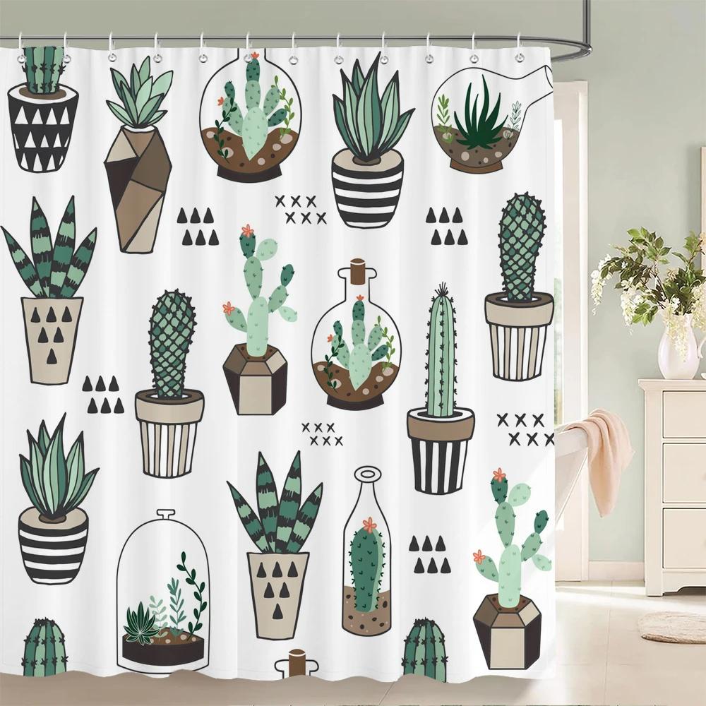 Tropical Plant Cactus Shower Curtain 180cm *180cm with Hooks, Floral Waterproof Shower Curtain, Shower Curtains for Bathroom