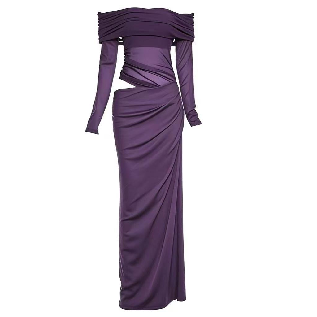 Sexy Spice Girl Wind Tulle Hollow Pure Desire One-word Shoulder Early Autumn New Temperament Hip Wrap Waist Skinny Splicing Long Dress