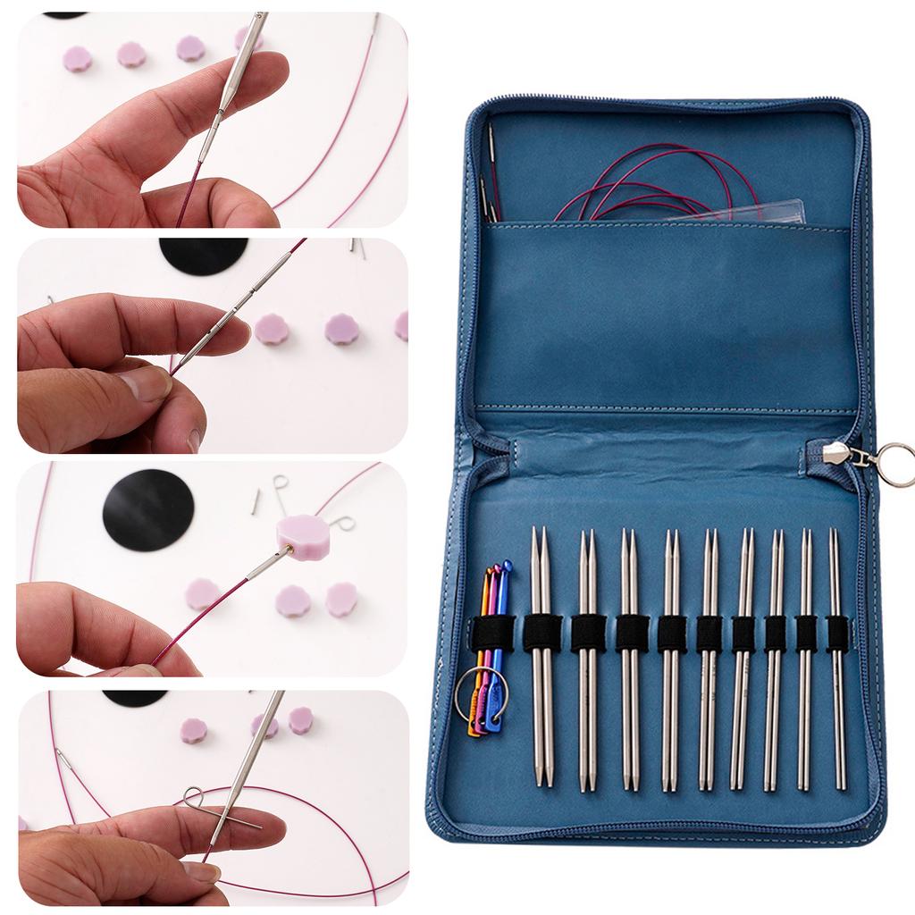 9 Paar Rundstricknadeln aus Stahl, Häkelnadel mit Etui mit Reißverschluss, auswechselbare Stricknadeln aus Stahl, 2,2–4,5 mm