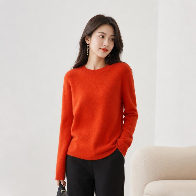 Women Crew Neck Solid Color Knit Sweater Long Sleeve Loose Fit Casual Ladies All Match Autumn Winter Basic Pullover