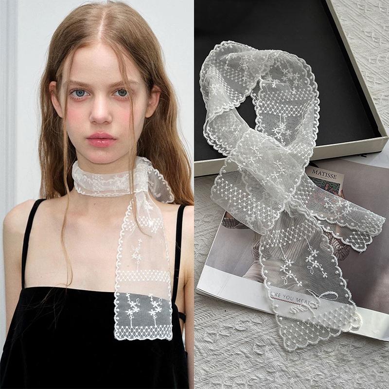 Sweet Flower Lace Neck Strap Dressing Decoration Korean Style Hair Band Neckerchief Transparent Long Ribbon Head Scarf