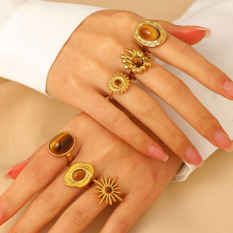 Stainless Steel Green Natural Stone Rings for Women Men Vintage Trend Punk Jewelry Gold Color Opening Ring Waterproof Gift New