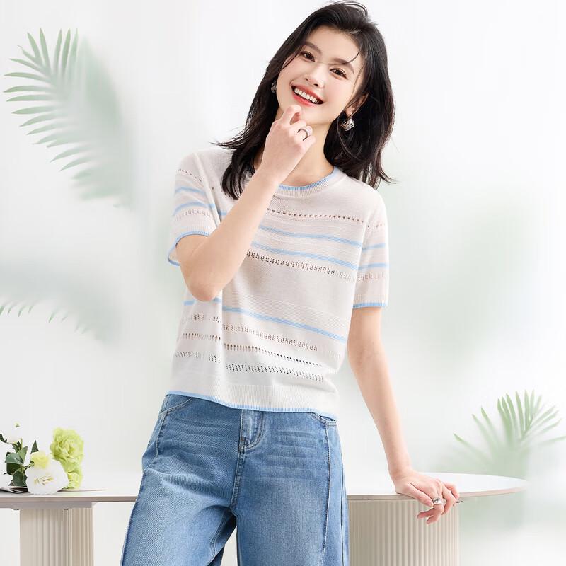 

Women s Silk Blend Color Block Hollow Knit T-Shirt XL