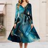 Women Plus Size V Neck Long Sleeve Teal Blue Printed A Line Midi Dress With Belt