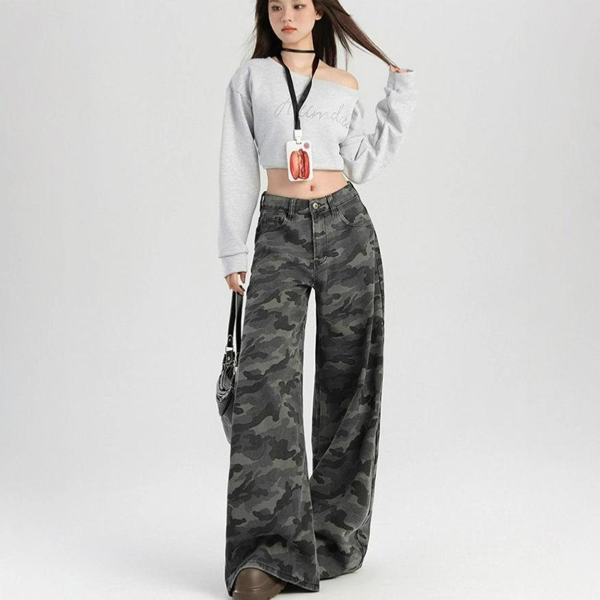 Comfortable Camouflage Jeans Women's Large Size Loose Peplum Trousers High Street Skinny Wide Leg Trousers Jeans for Women Long Denim Pants